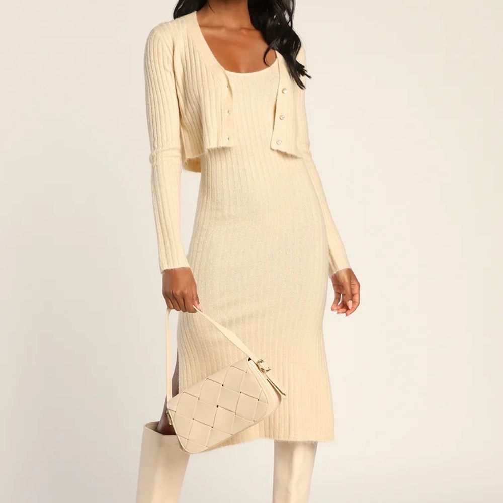 Cream Ribbed Knit Two-Piece Midi Sweater Dress